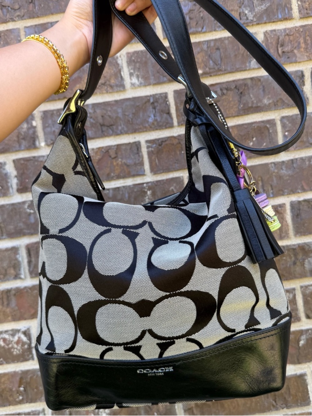 Coach Black & Gray Signature Canvas Hobo with Leather Trim